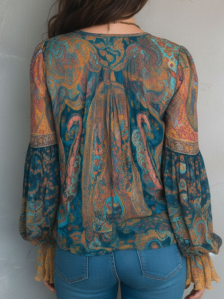 Phyllis | Bohemian Paisley Blouse with Ruffled Cuffs