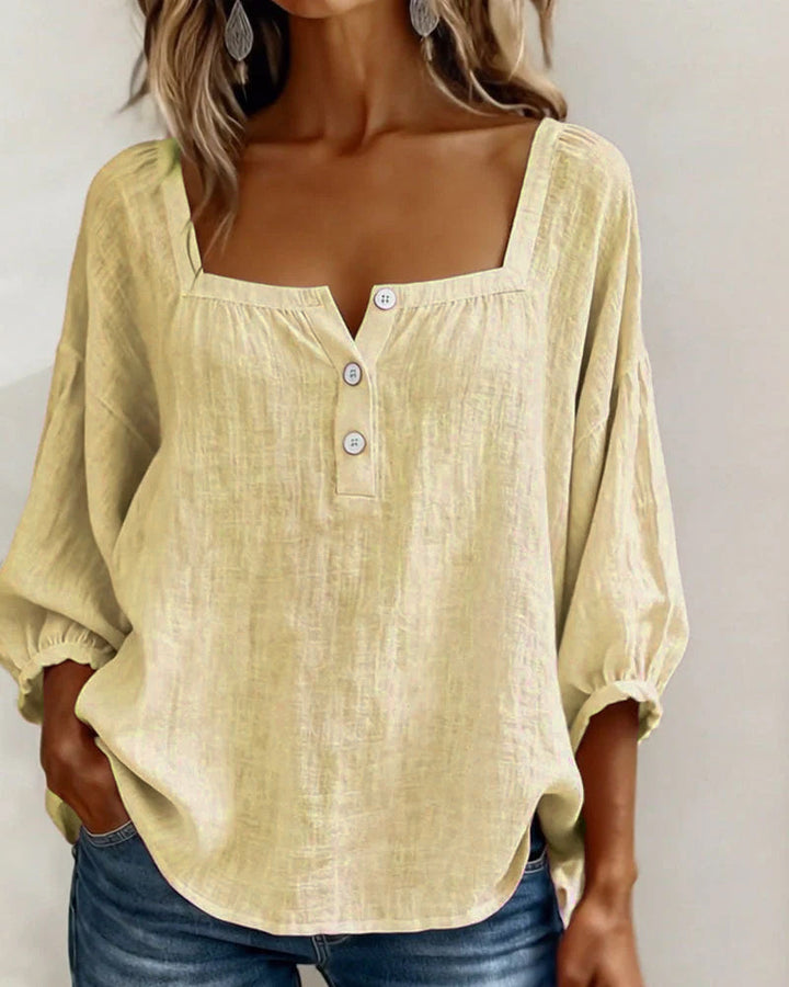 Fiona | Women's Square Neck Blouse 3/4 Puff Sleeve Button Top