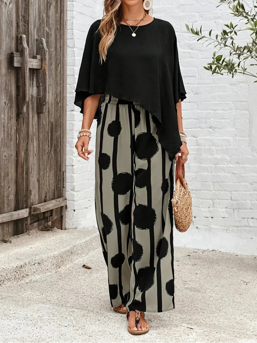 Kalliope | Asymmetrical Overlay Top & Abstract Wide-Leg Two-Piece Set