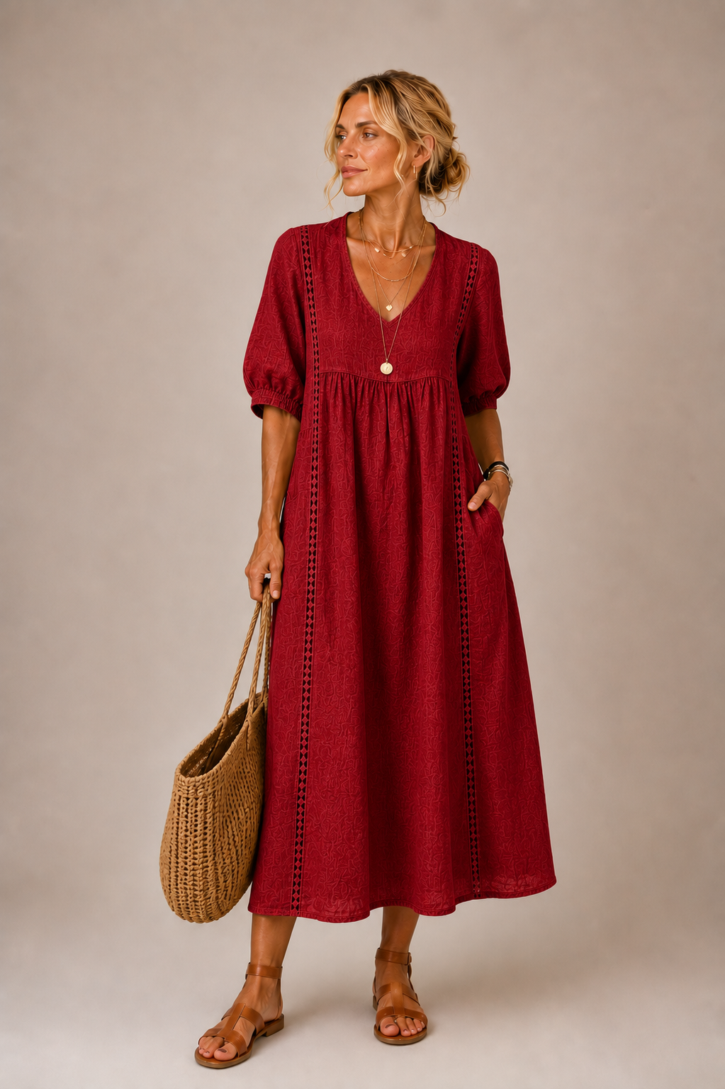 Sefi | Lace Trim V-Neck Midi Dress