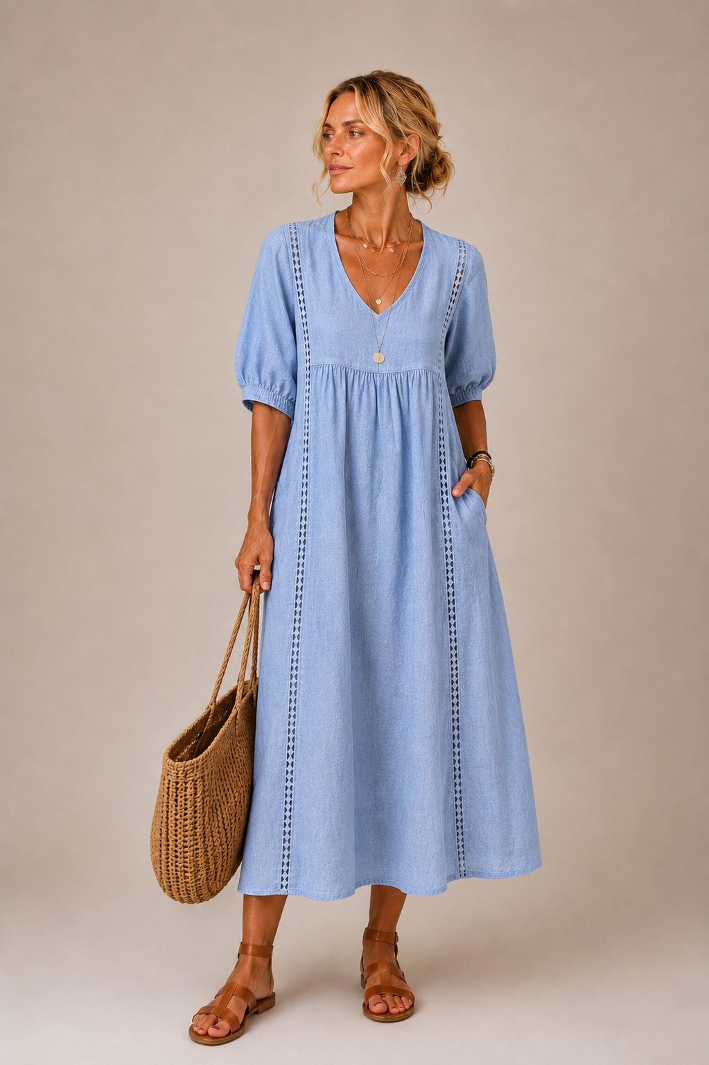 Sefi | Lace Trim V-Neck Midi Dress