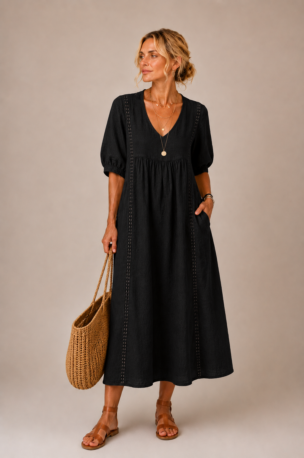 Sefi | Lace Trim V-Neck Midi Dress