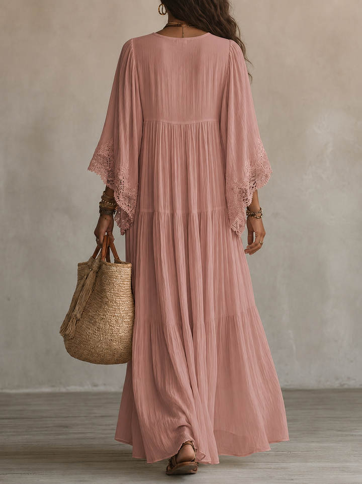 Colette | Long Ivory Chiffon and Lace Dress