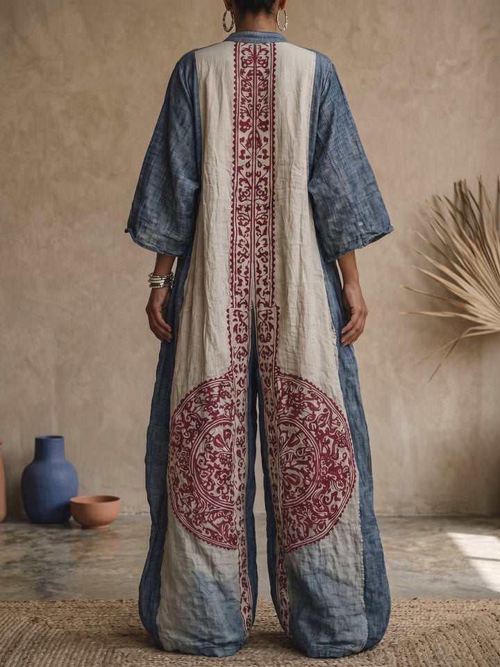 Celeste | Vintage Embroidered Cotton-Linen Maxi Jumpsuit