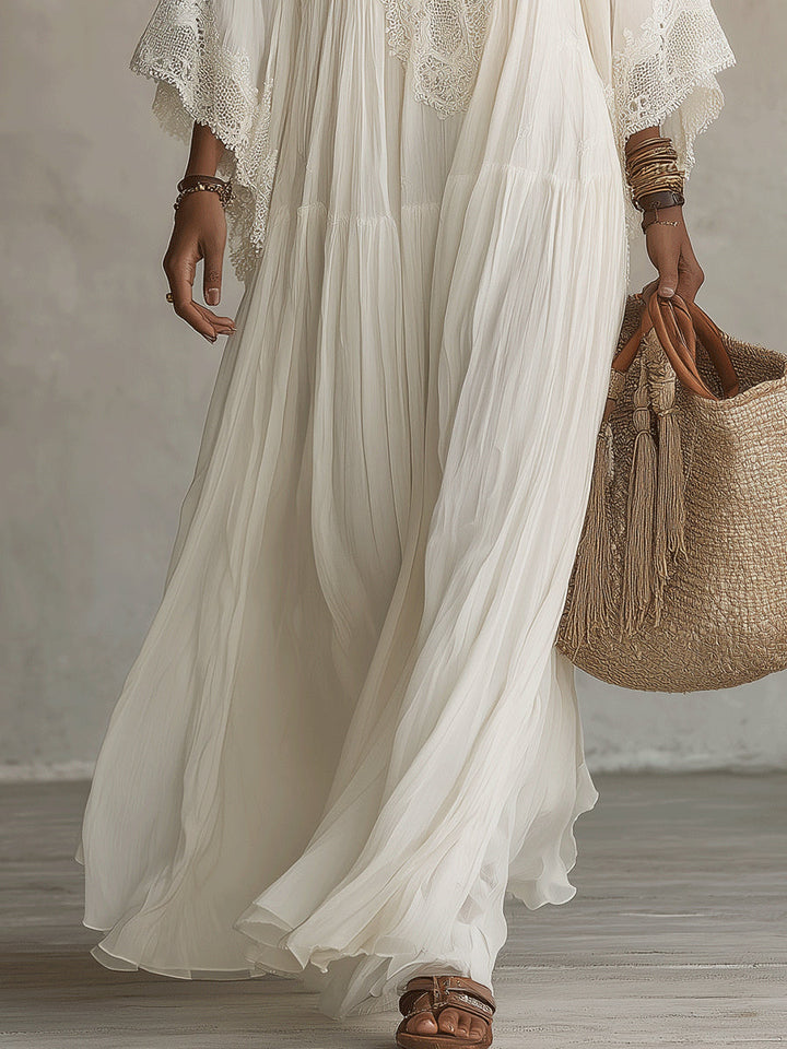 Colette | Long Ivory Chiffon and Lace Dress