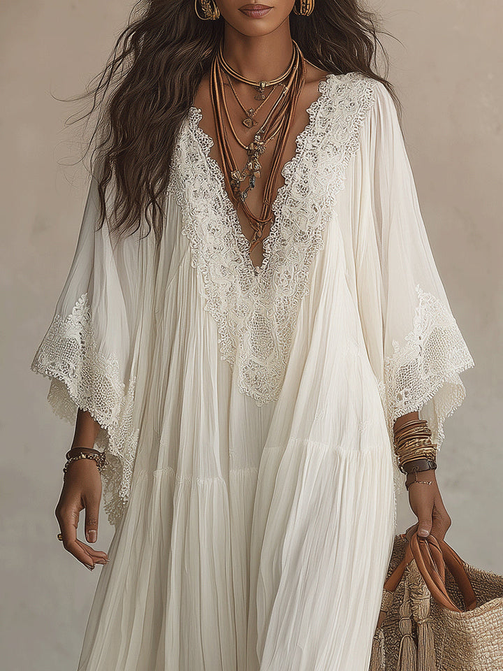 Colette | Long Ivory Chiffon and Lace Dress