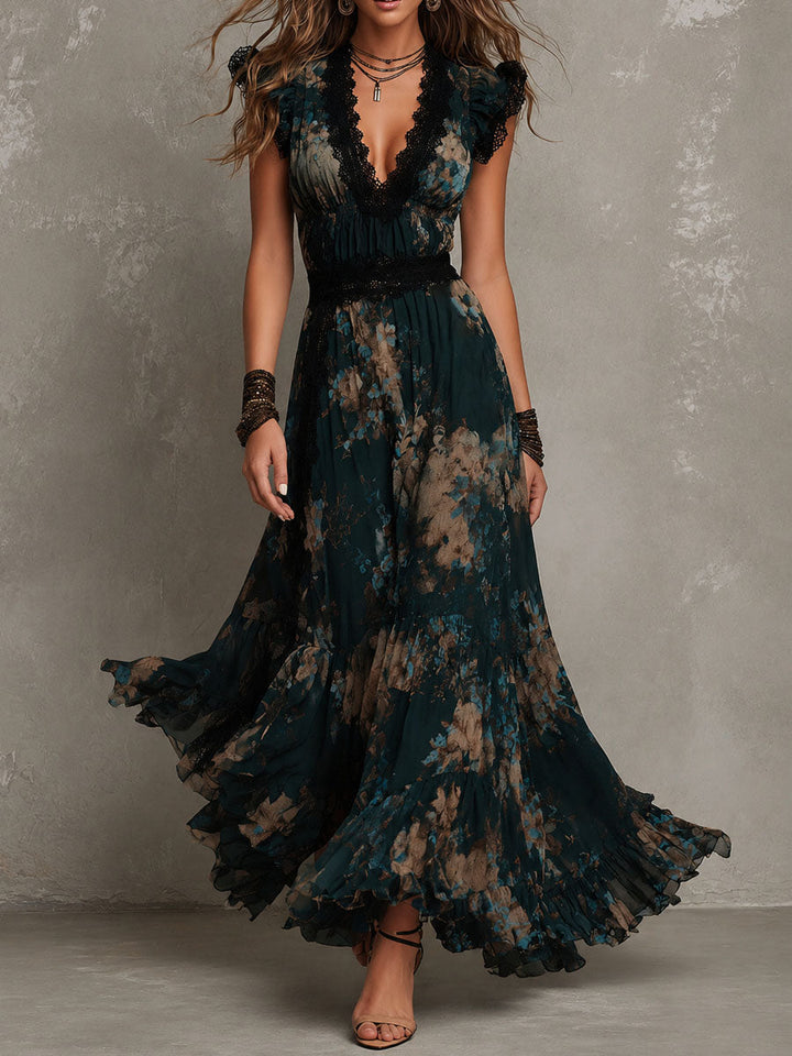 Gillian™ | Lace Trim Floral Maxi Dress