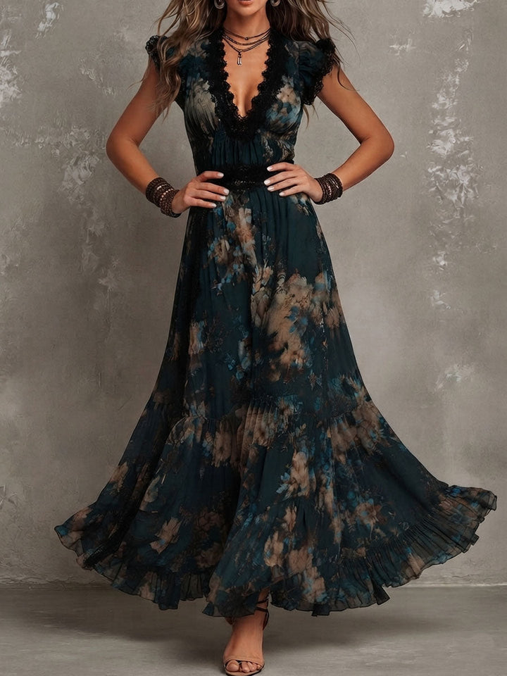 Gillian™ | Lace Trim Floral Maxi Dress