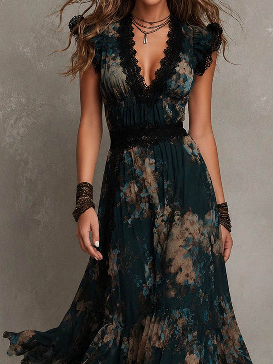 Gillian™ | Lace Trim Floral Maxi Dress