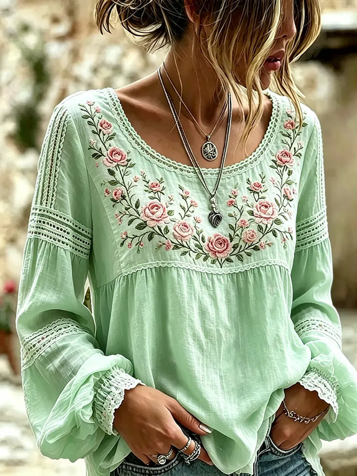 Mireille | Rose Embroidered Linen Blouse with Elegant Lace Details