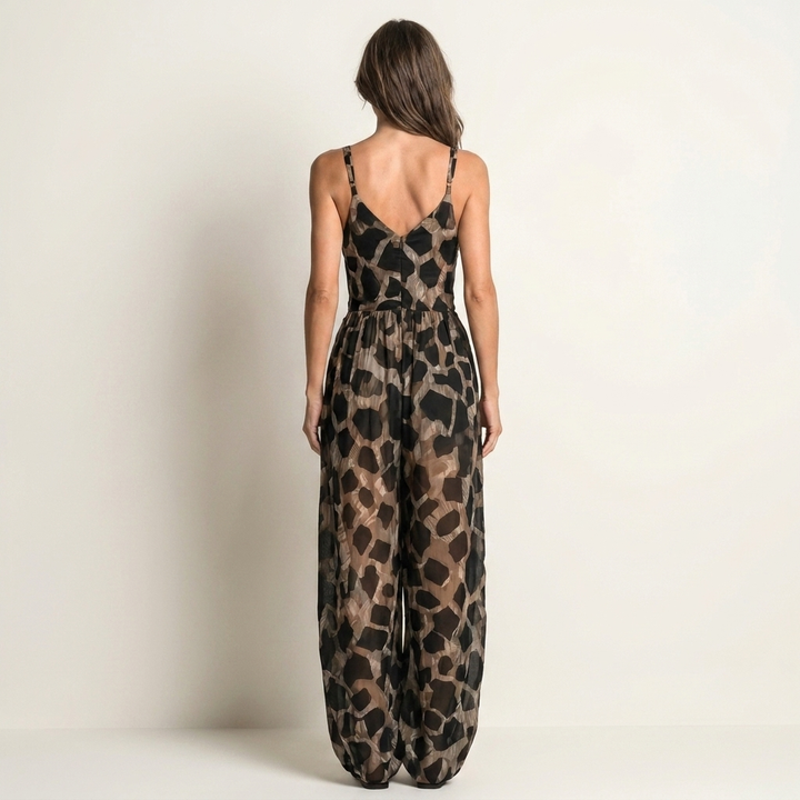 Leonara | Deep V-Neck Tie-Front Animal Print Wide-Leg Jumpsuit