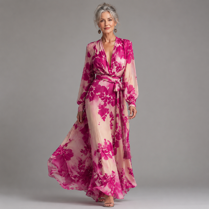 Juliesse | Rose Floral V-Neck Wrap Belted Maxi Dress