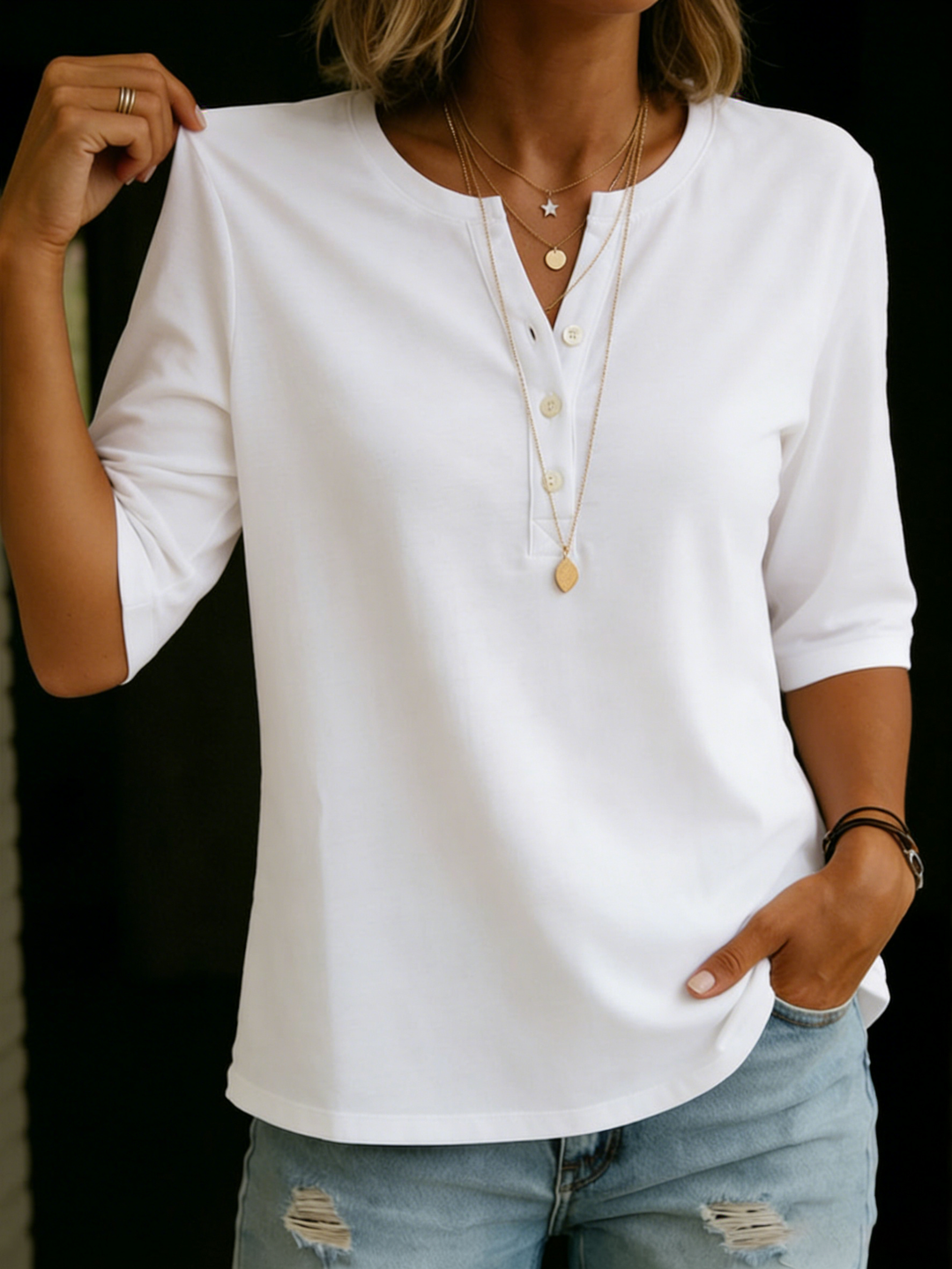 Pauline | Henley Button Top with 3/4 Sleeves & Relaxed Fit