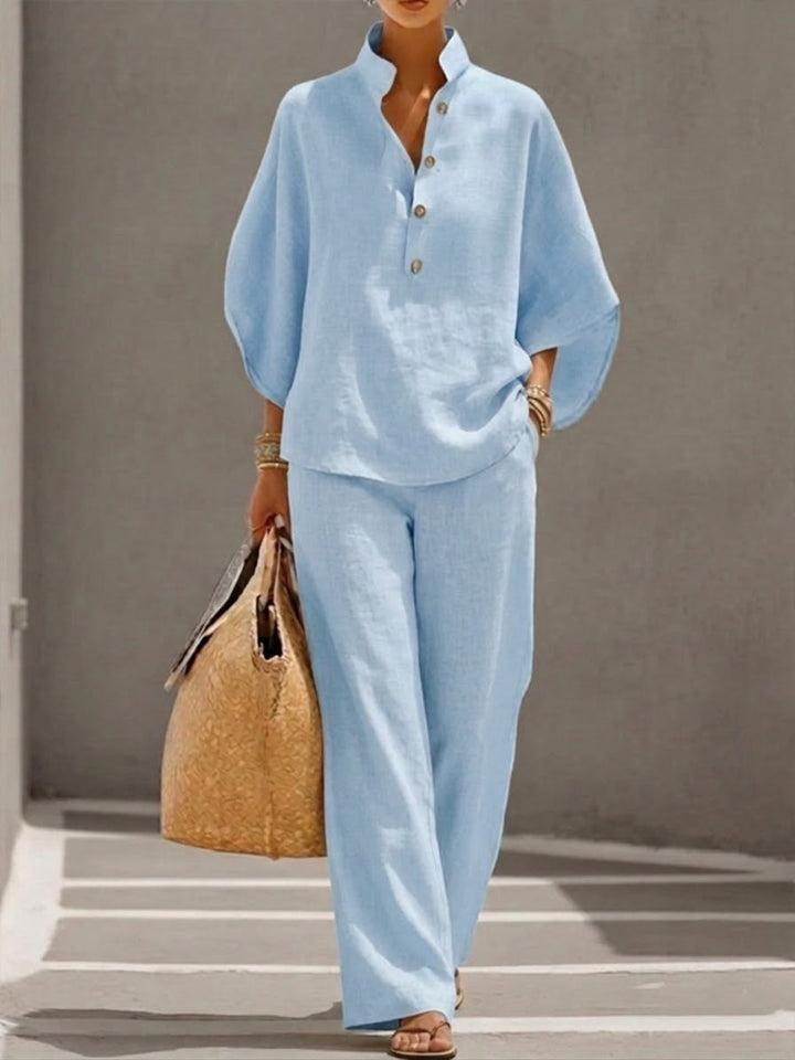 Mariel | Cotton and linen outfit with batwing sleeves and wide-leg trousers