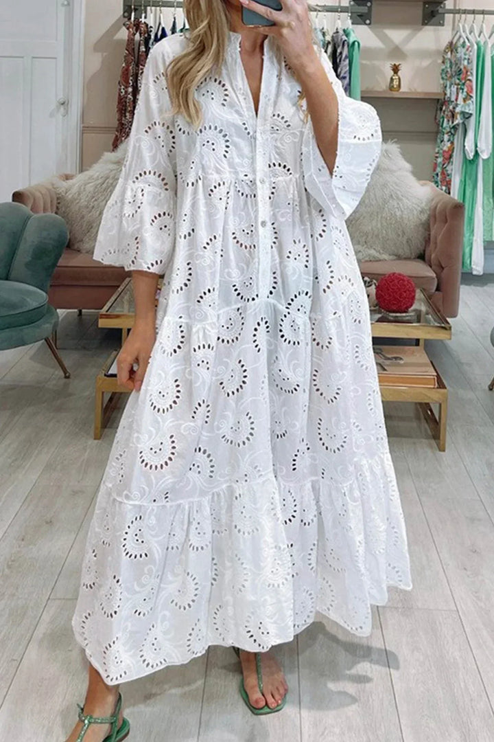Isabelle | Romantic Eyelet Embroidery Maxi Dress with Elegant 3/4 Sleeves
