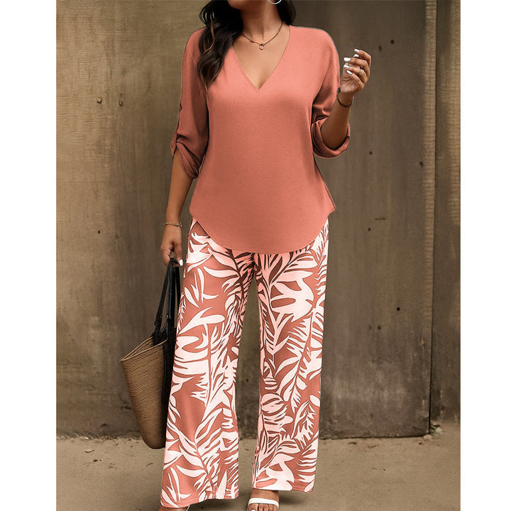 Leire | V-Neck Blouse & Botanical Wide-Leg Trouser Set