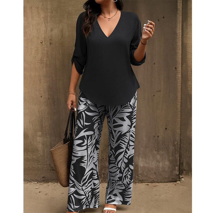 Leire | V-Neck Blouse & Botanical Wide-Leg Trouser Set